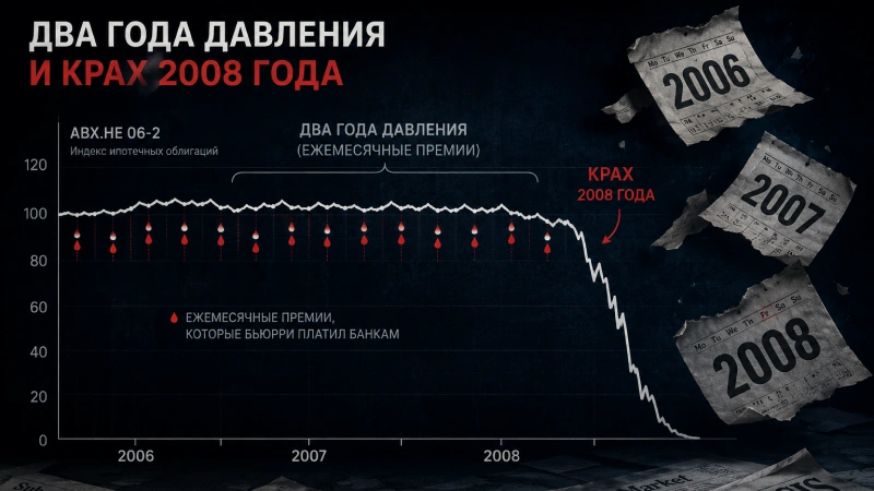 График ипотечного индекса ABX: долгий период стагнации и резкий обвал в 2008 году — визуализация двух лет давления на Майкла Бьюрри