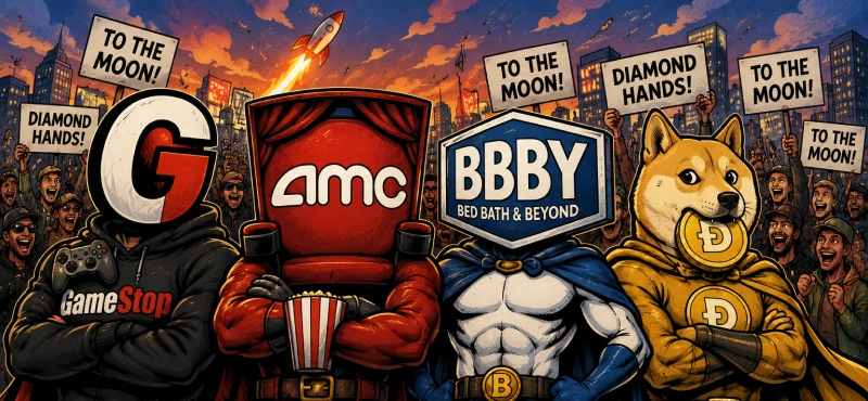 Самые известные примеры мемных акций: GameStop, AMC, Bed Bath & Beyond и Dogecoin